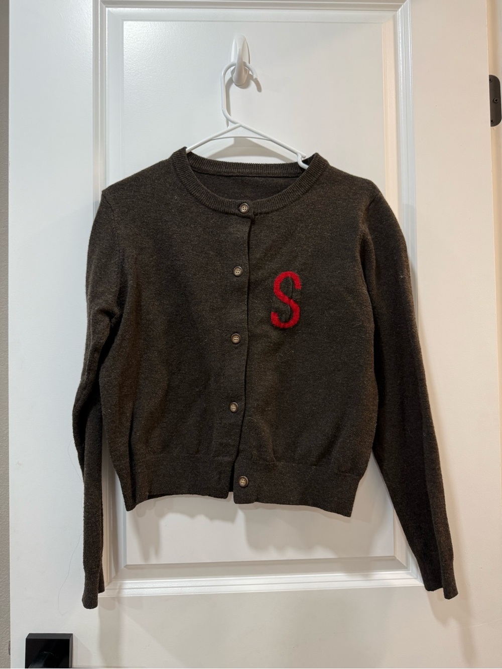 Women's Dark Brown Cardigan Sweater with Red 'S' Accent